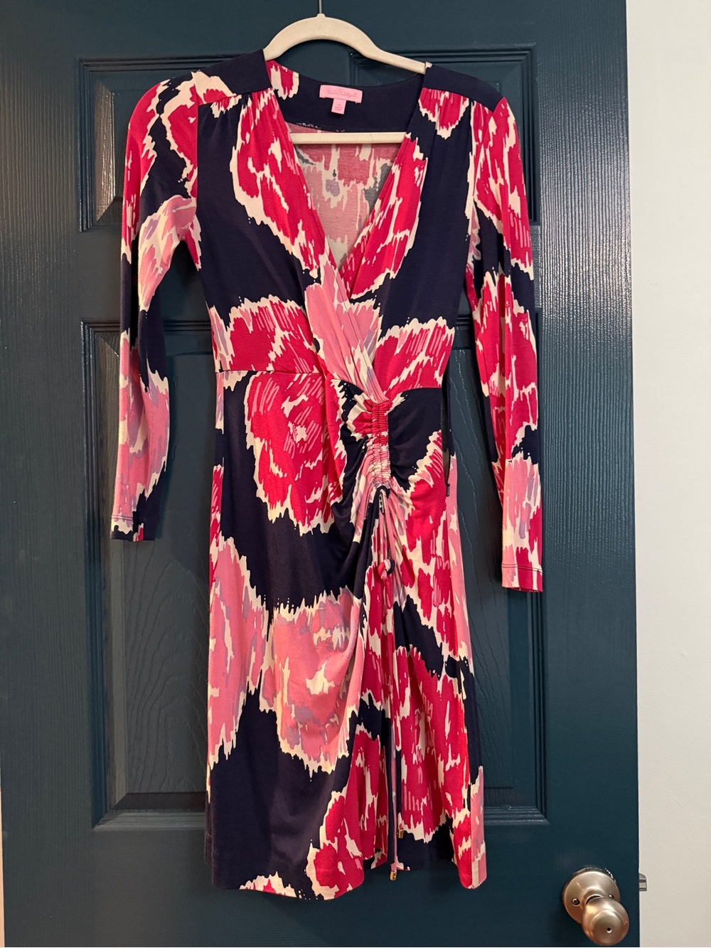 Lilly Pulitzer Floral Ruched Long Sleeve Dress Navy Pink XS